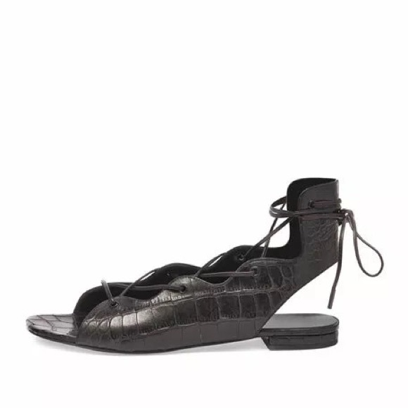 Saint Laurent Croc Embossed Lace Up Flat Sandal in Black - Picture 3 of 9